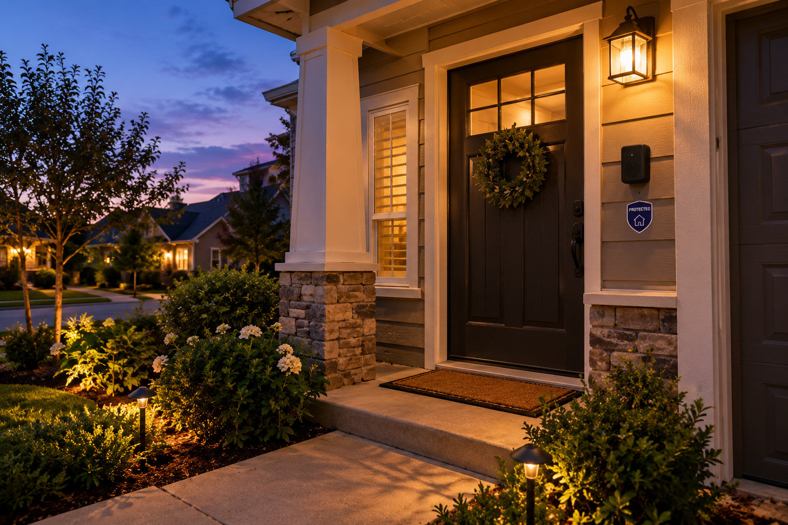 Barking dog alarm mounted by a front door for home security