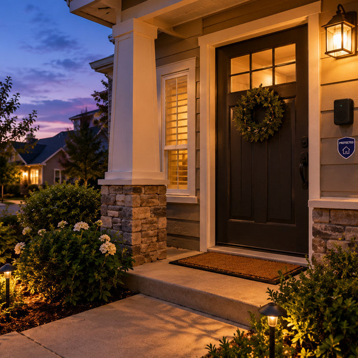Barking dog alarm mounted by a front door for home security