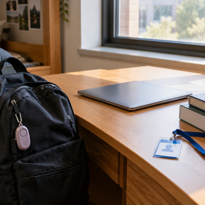 Dorm desk with a backpack, textbooks, and a keychain alarm clipped to the zipper