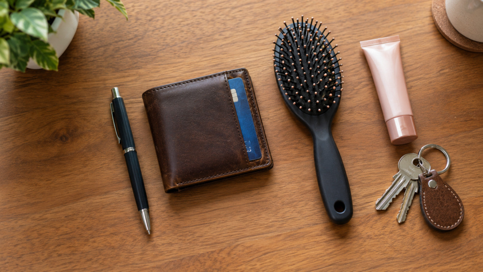 Everyday carry items including a pen, wallet, and hairbrush on a desk