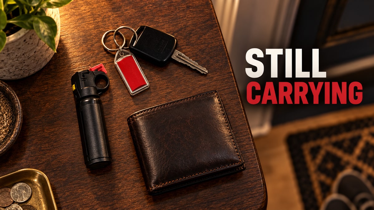 Everyday carry keys and pepper spray flat-lay