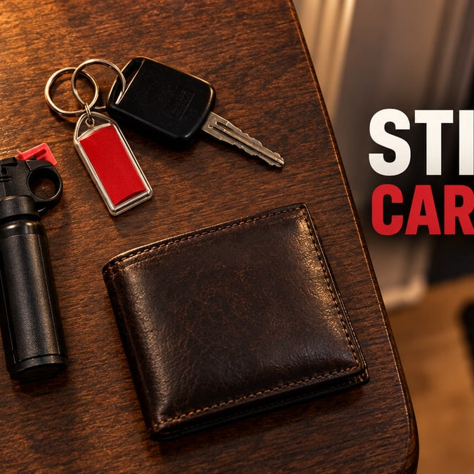 Everyday carry keys and pepper spray flat-lay