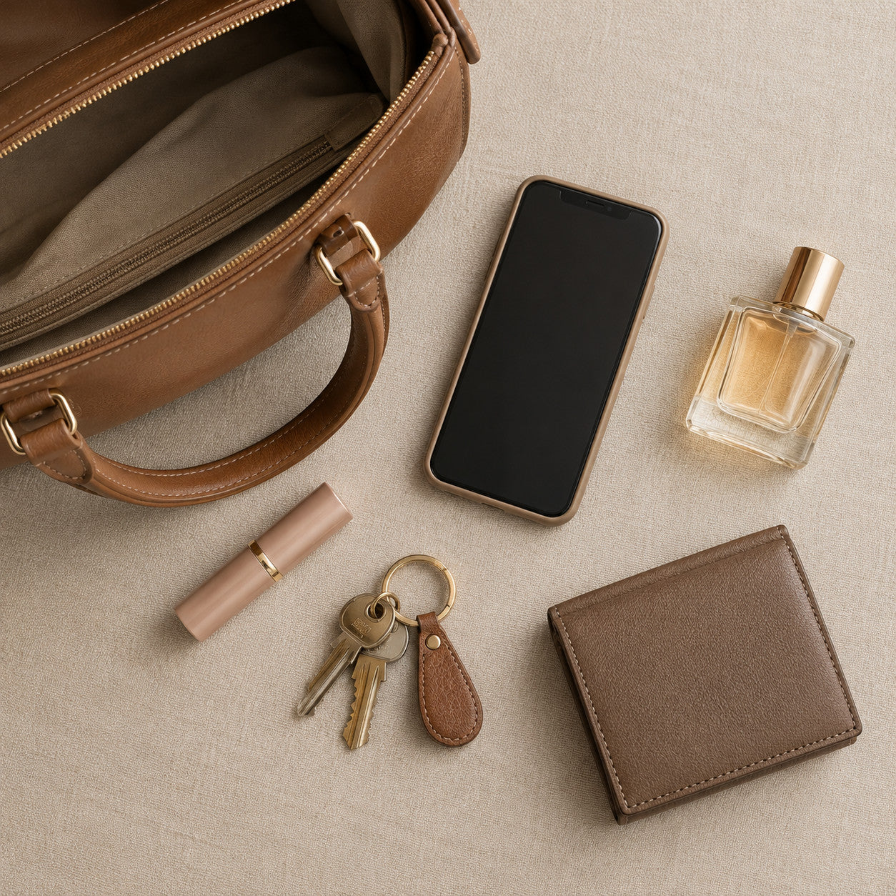 Purse contents including a phone, lipstick, and keys that look alike