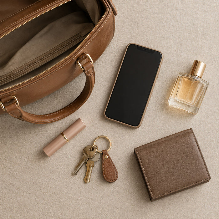 Purse contents including a phone, lipstick, and keys that look alike
