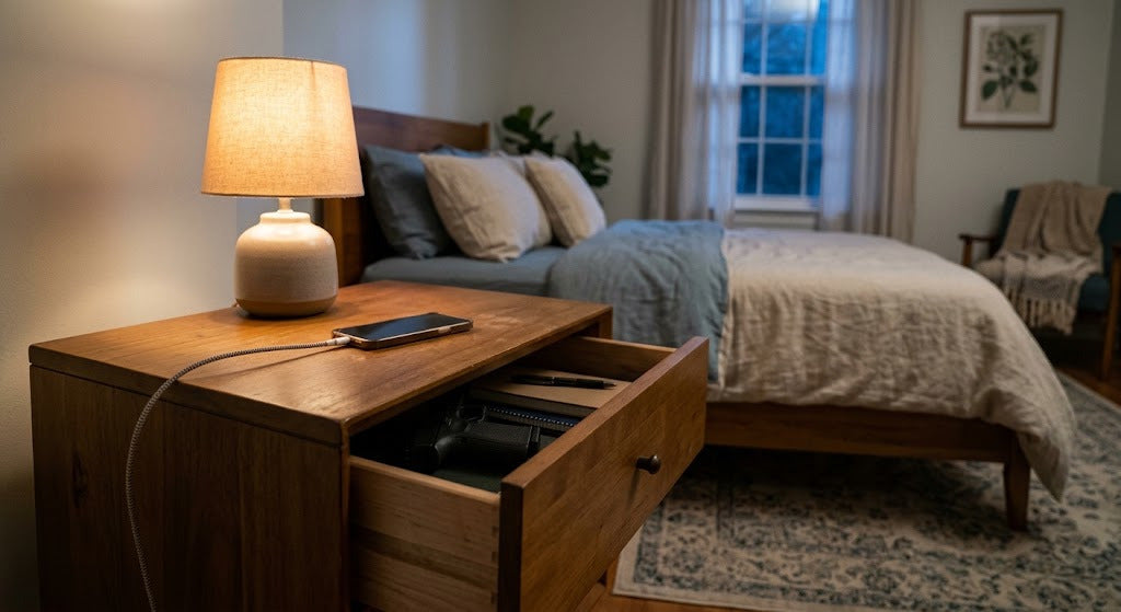 Bedroom nightstand with a discreet home security setup