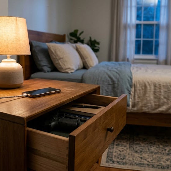 Bedroom nightstand with a discreet home security setup