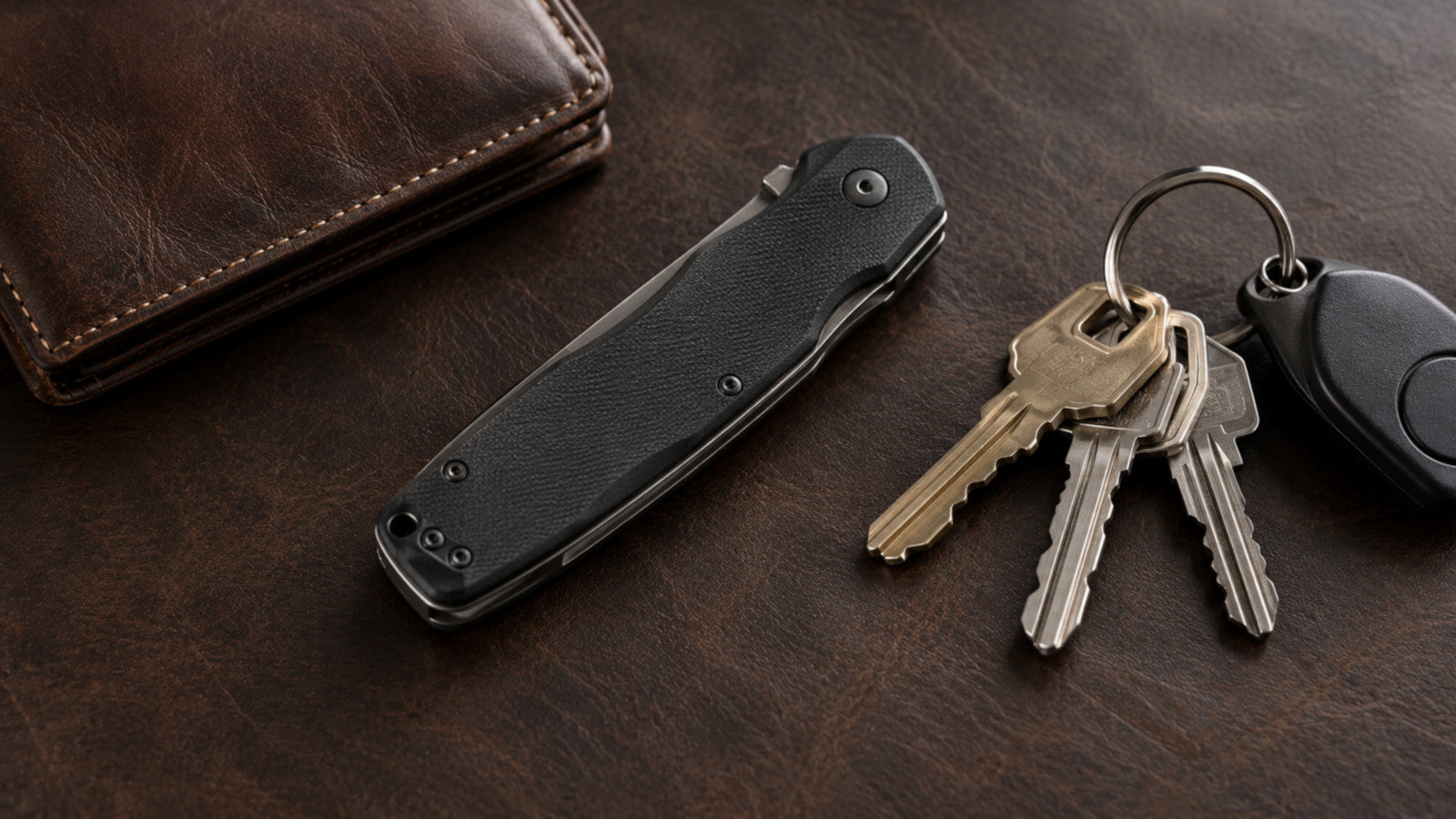 Closed folding knife next to keys and a wallet on a leather surface
