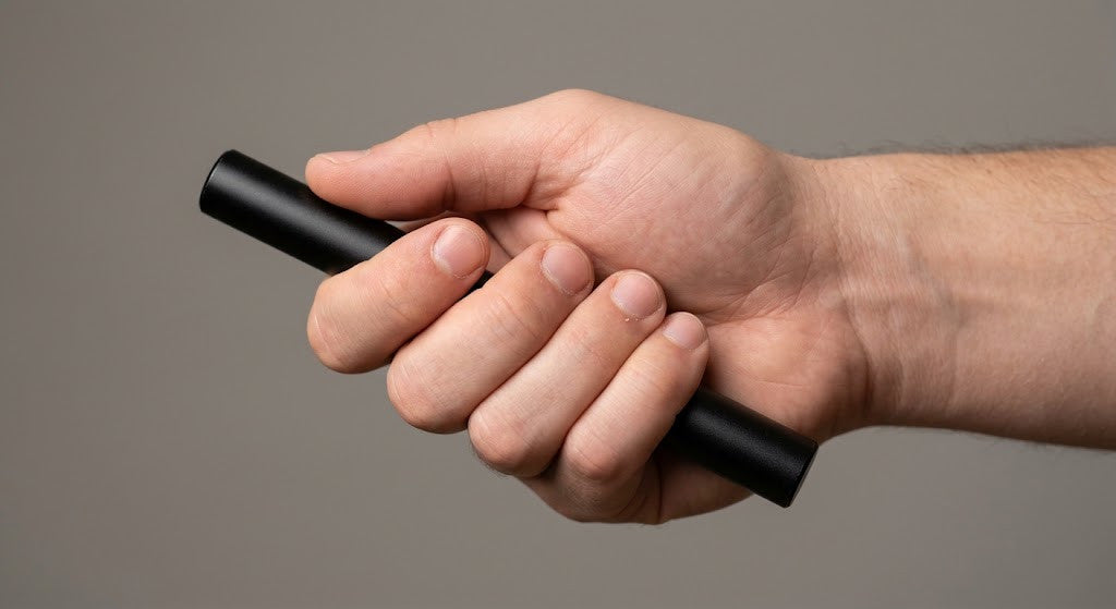 Hand demonstrating a palm grip with a kubotan self-defense tool