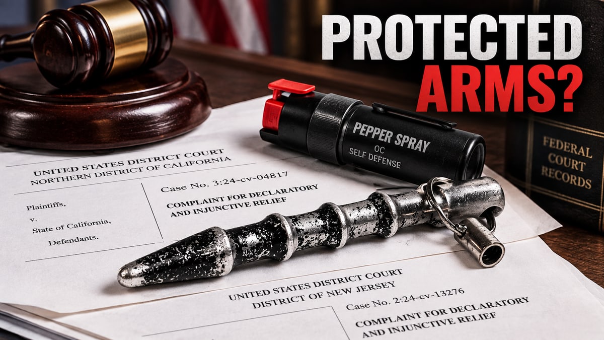 Pepper spray, kubotan, and gavel on court documents with text Protected Arms?