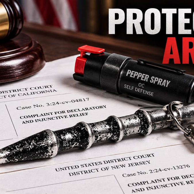 Pepper spray, kubotan, and gavel on court documents with text Protected Arms?