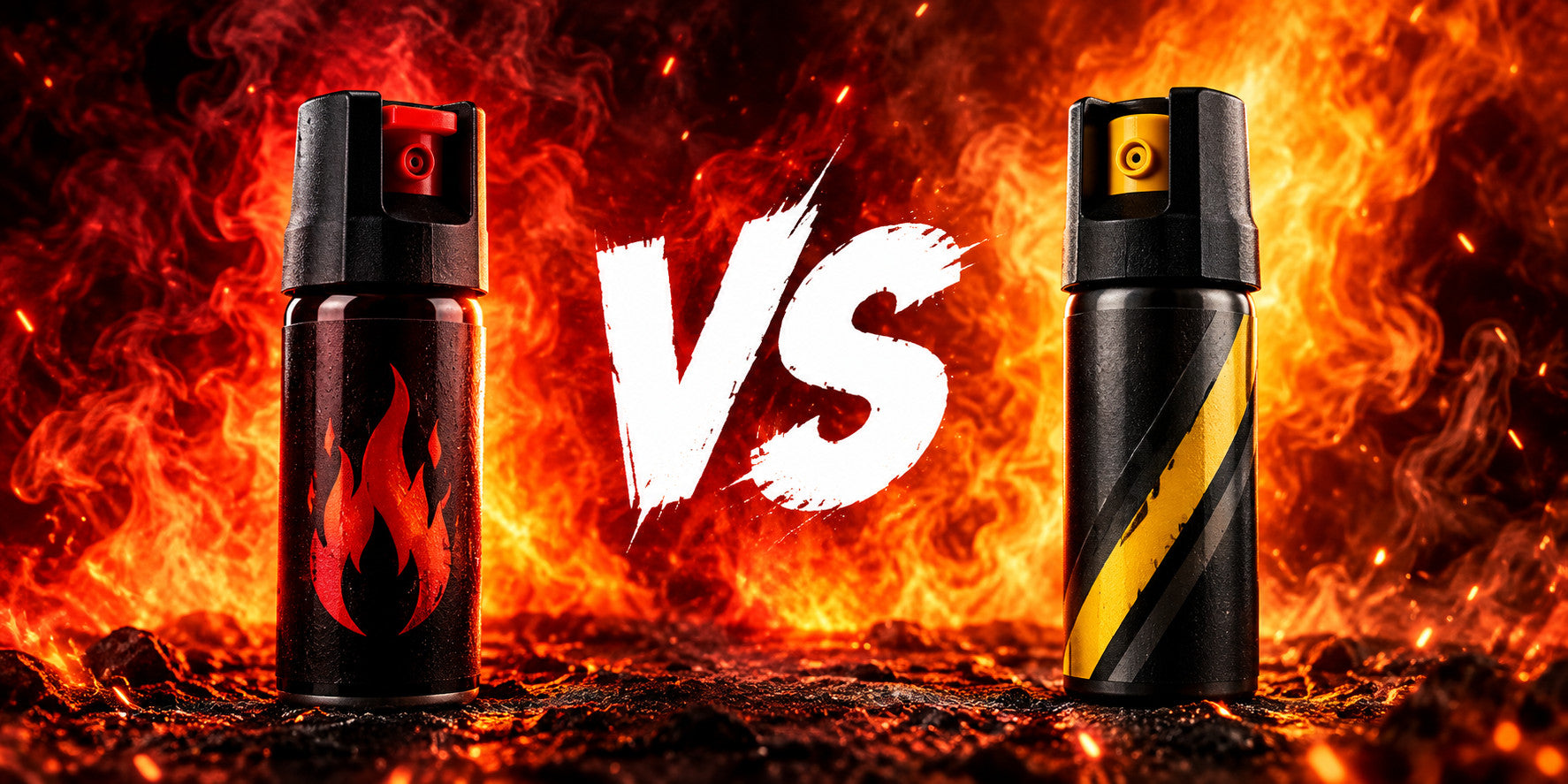 Two pepper spray canisters facing off with "VS" text, representing a pepper spray brand comparison