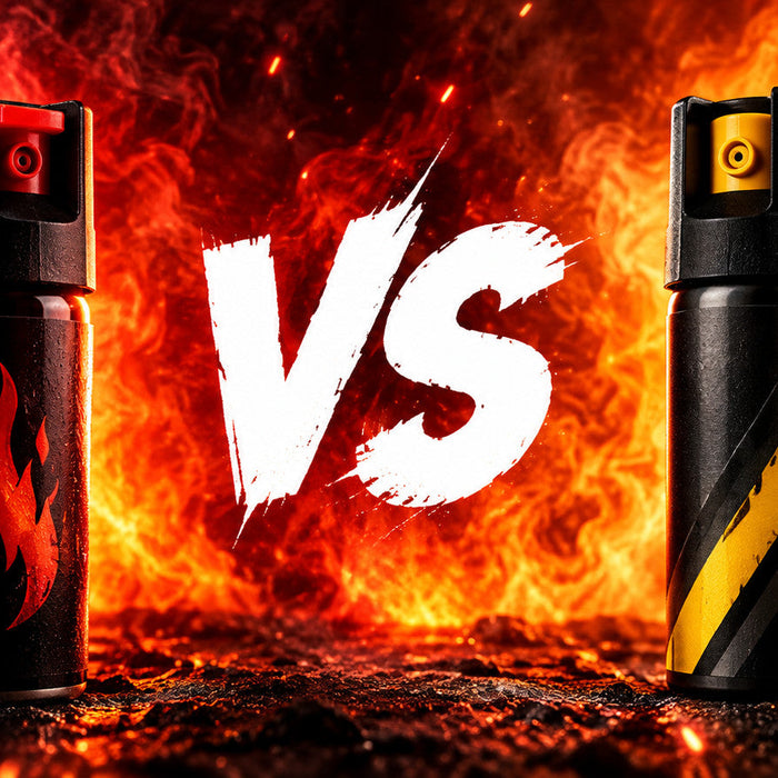 Two pepper spray canisters facing off with "VS" text, representing a pepper spray brand comparison