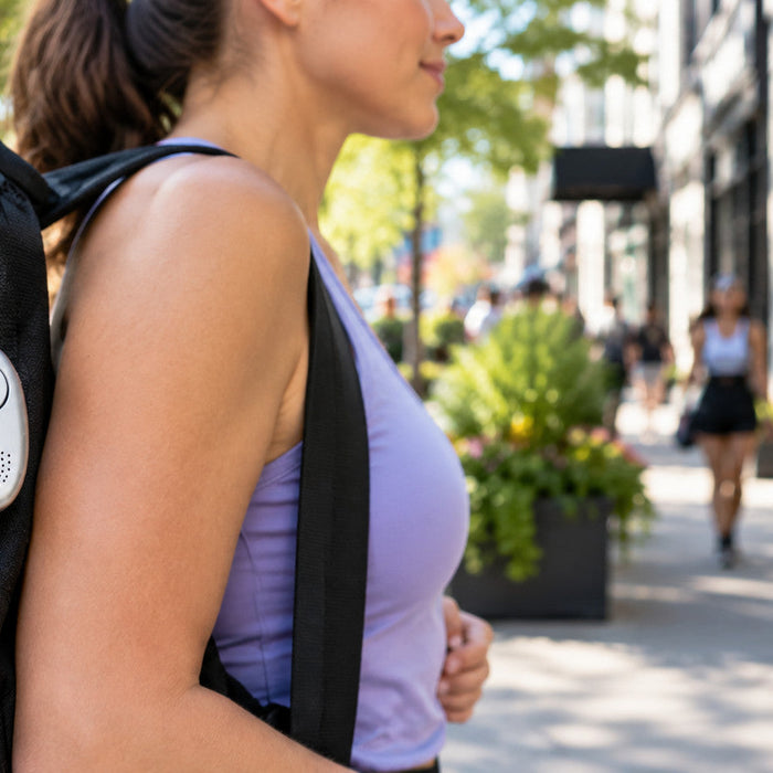 Personal safety alarm clipped to a bag strap while walking outdoors