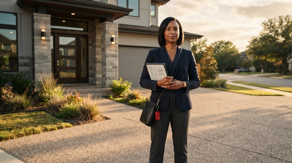 Real estate agent with a safety device clipped to her bag at a vacant home showing