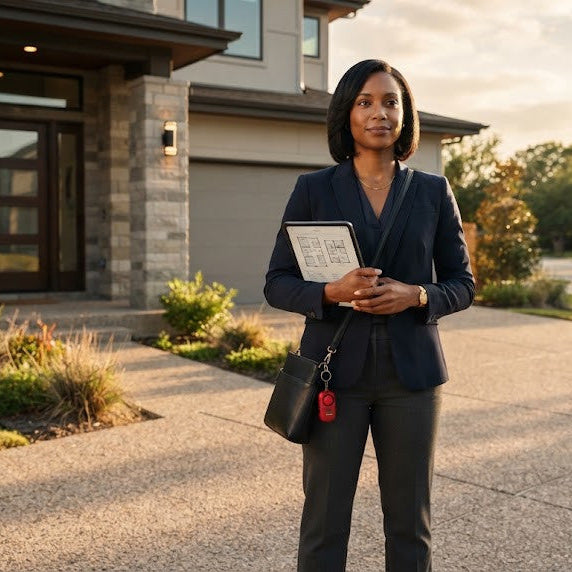 Real estate agent with a safety device clipped to her bag at a vacant home showing