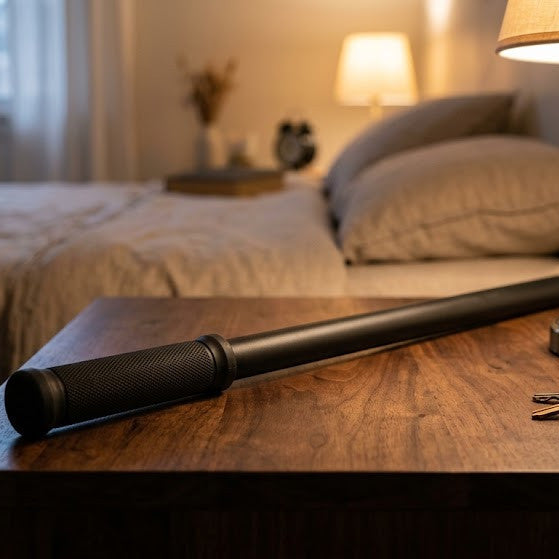 Stun baton on a nightstand next to a lamp and keys