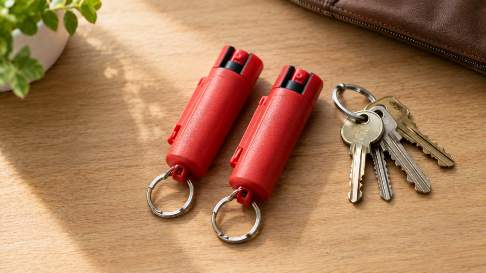 Two identical hard-case keychain pepper sprays side by side next to keys