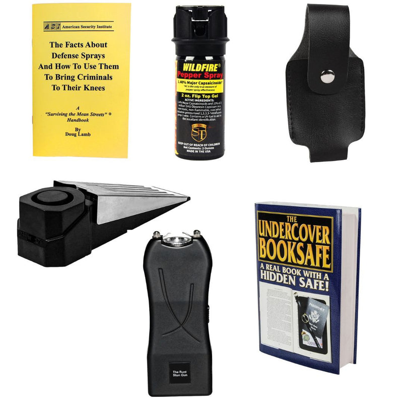College safety kit for men with Runt stun gun, pepper gel and holster, training guide, door wedge alarm, and book safe