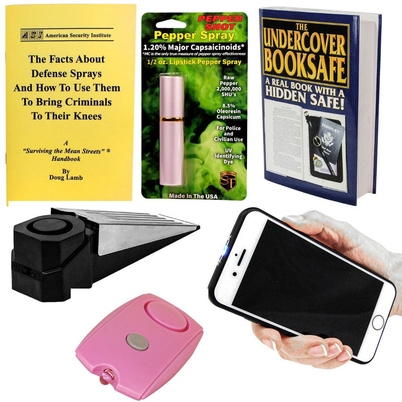 College woman safety kit: cell phone stun gun, pink pepper spray and alarm, door wedge alarm, training guide, book safe
