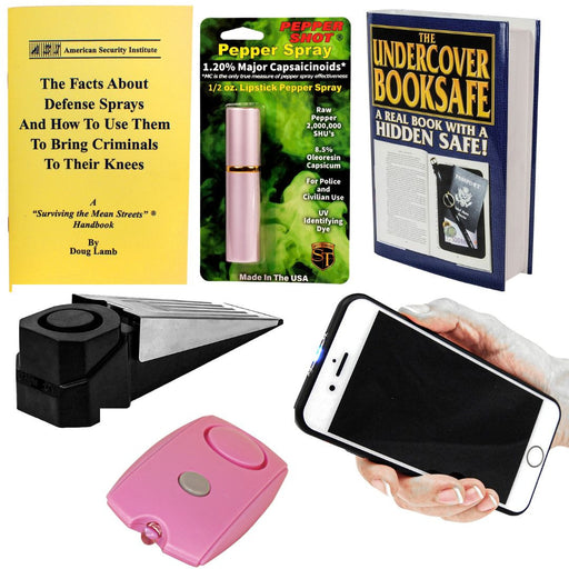 College woman safety kit: cell phone stun gun, pink pepper spray and alarm, door wedge alarm, training guide, book safe