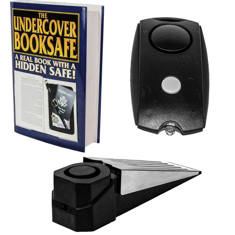 Dorm safety kit with a door wedge alarm, black mini personal alarm, and hollowed-out book safe