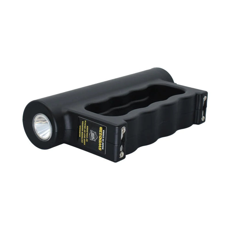 Double Down 23 million volt stun gun showing 4-inch stun contact area spikes and knuckle guard