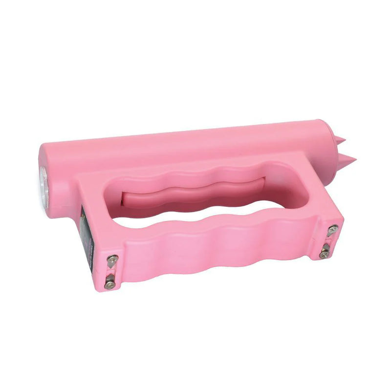 Double Down stun gun in pink showing squeeze-to-stun grip design with LED flashlight and removable spikes