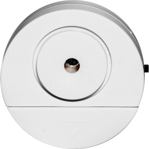 Glass breakage alarm front view showing circular disc design and vibration sensor