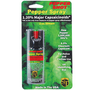 Pepper Shot 2oz OC stream pepper spray in original packaging showing 1.2% Major Capsaicinoids formula and wind-resistant stream delivery