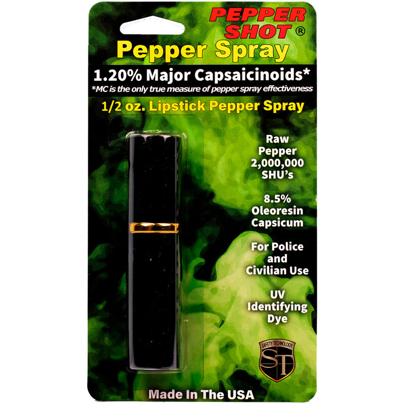 Pepper Shot lipstick pepper spray black in packaging showing disguised cosmetic tube design and 1.2% MC formula
