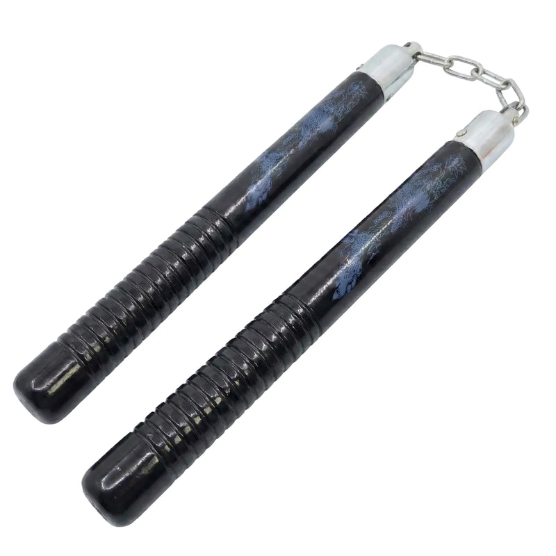 Black Nunchucks with Blue Dragon Design