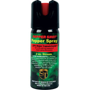 Pepper Shot 2oz OC stream pepper spray canister showing 1.2% MC formula label and stream nozzle