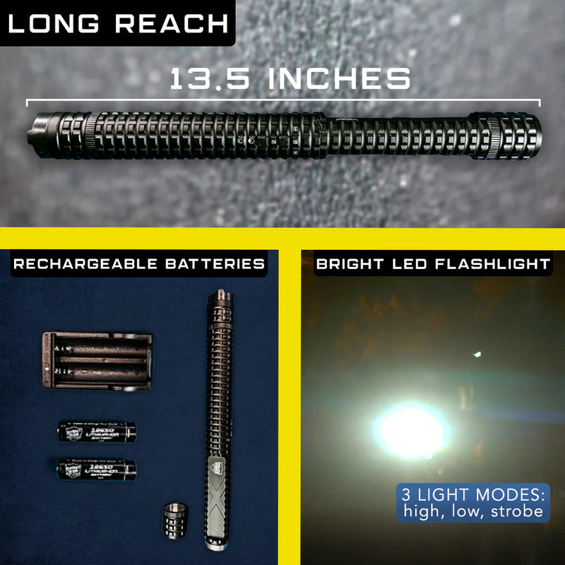 Police Force stun baton with 150-lumen tactical LED beam activated