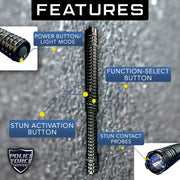 Police Force tactical stun baton showing full 13.5-inch aluminum body with Triple Stun contacts visible at top