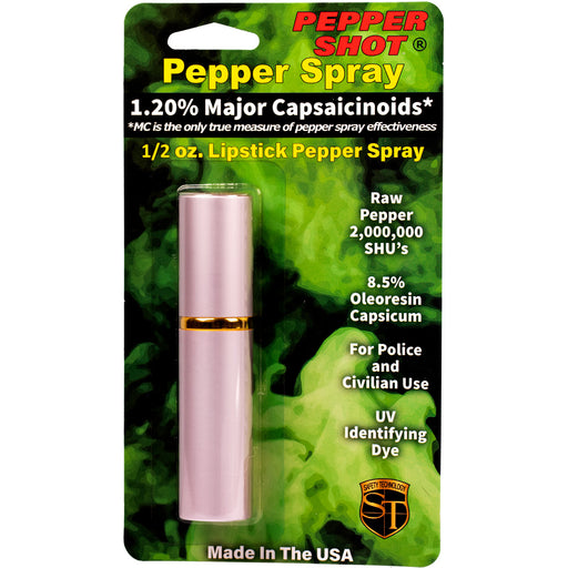Pepper Shot lipstick pepper spray pink in packaging showing lipstick disguise with UV dye