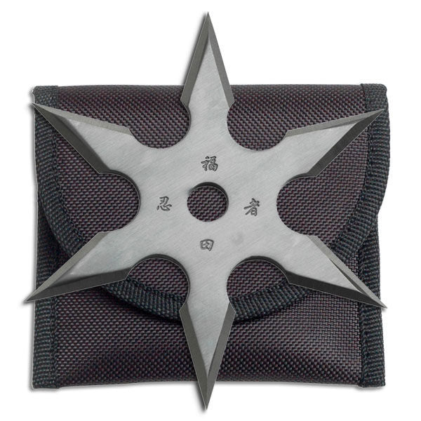 Titanium 6-point throwing star with Japanese Kanji engravings and nylon sheath