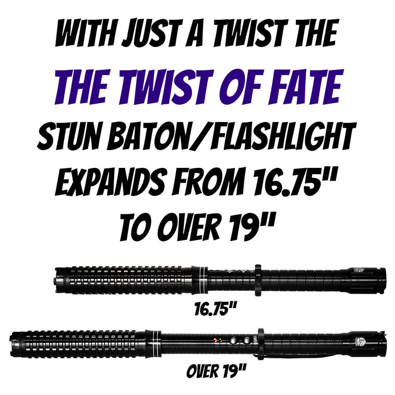 Stun baton/flashlight with text indicating its expandable length on a white background