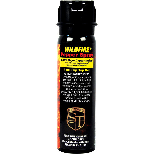 Wildfire 4oz sticky pepper gel canister showing flip-top actuator and stream delivery for home defense