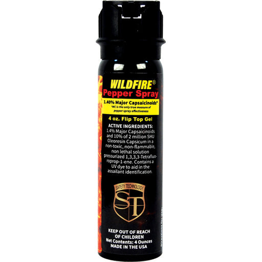 Wildfire 4oz sticky pepper gel canister showing flip-top actuator and stream delivery for home defense