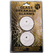 Glass breakage alarm two-pack in packaging showing 100dB window vibration sensors with batteries included