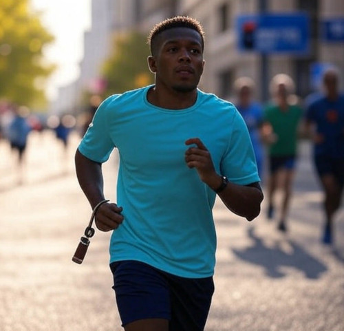 Runner staying aware on a city path